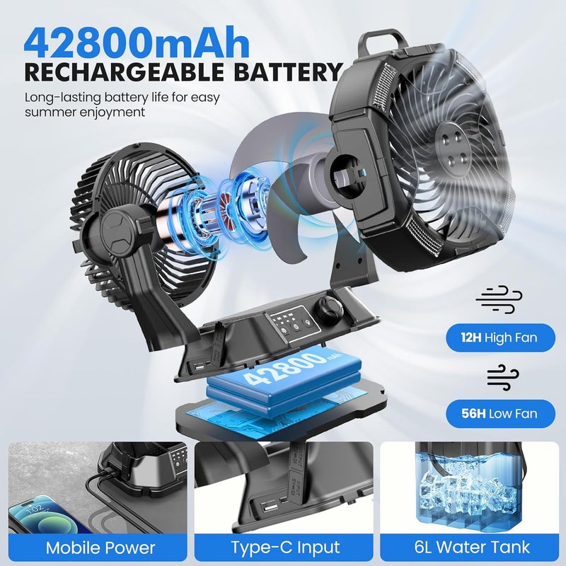 Wilody Portable Misting Fan 42800mAH Rechargeable with Remote Control, 6L Bucket Camping Fan with LED Lights & Stepless Speed Control & Cooling Mist, Portable Handle & Rotate Hook, Timer Function - Image 3